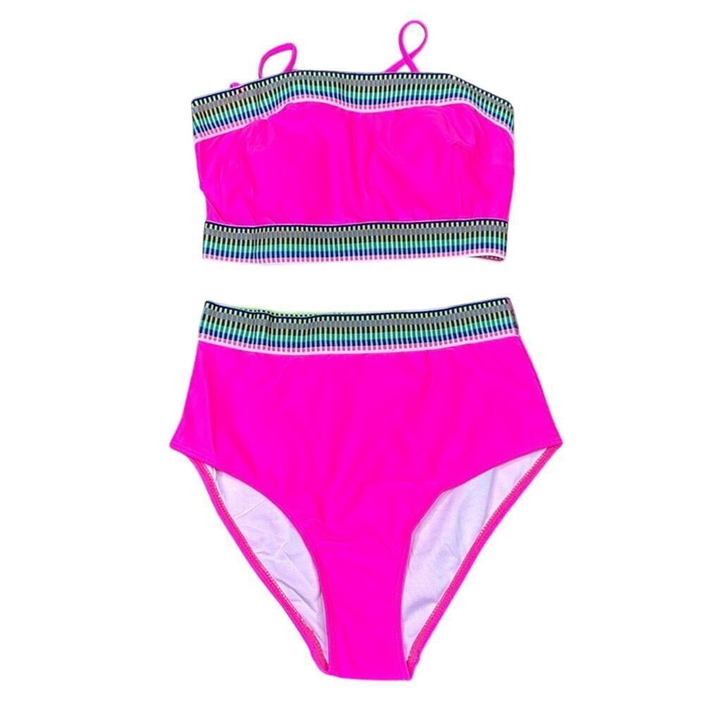 Women's Hot Pink Bikini Set Rainbow Stitch High Waisted 2 Piece Swimsuit Size XS